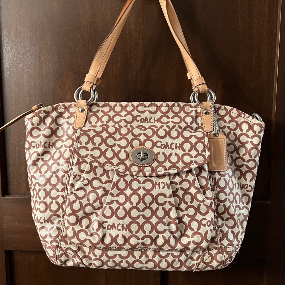 COACH Opt Art Coated Canvas LEAH Tote Bag Beige & Brown #13142. •RARE•